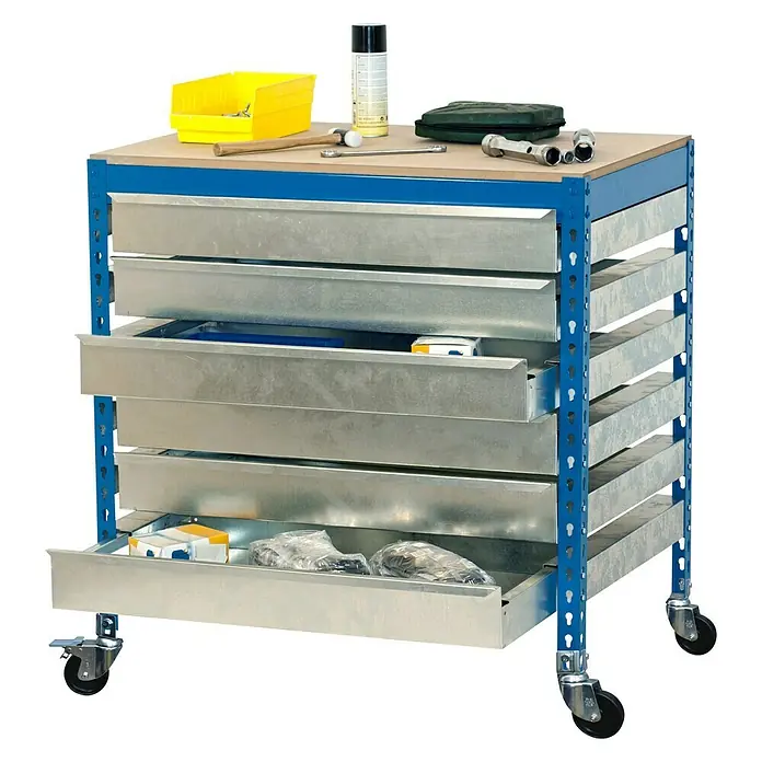 Simonrack Simonwork Banco de trabajo BT5 Box Mobile - L x An: 76 x 151 cm, Altura de trabajo: 91,7 cm, Carga soportada: 280 kg, Azul - Carro de taller con cajones para herramientas y accesorios. El carro es móvil y ofrece mucho espacio de almacenamiento.