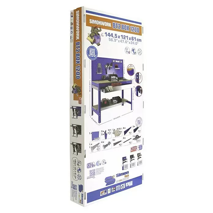 Simonrack Simonwork Banco de trabajo BT2 Box Mobile - L x An: 61 x 121 cm, Altura de trabajo: 152 cm, Carga soportada: 120 kg, Galvanizado - Embalaje de un banco de trabajo azul Simonwork BT2 BOX 1200, con medidas 144.5x121x61cm y capacidades hasta 600kg.