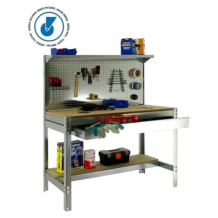 Simonrack Simonwork Banco de trabajo BT3 Box Mobile - L x An: 61 x 91 cm, Altura de trabajo: 152 cm, Carga soportada: 120 kg, Galvanizado - Banco de trabajo equipado con herramientas y almacenamiento para un espacio de trabajo organizado.