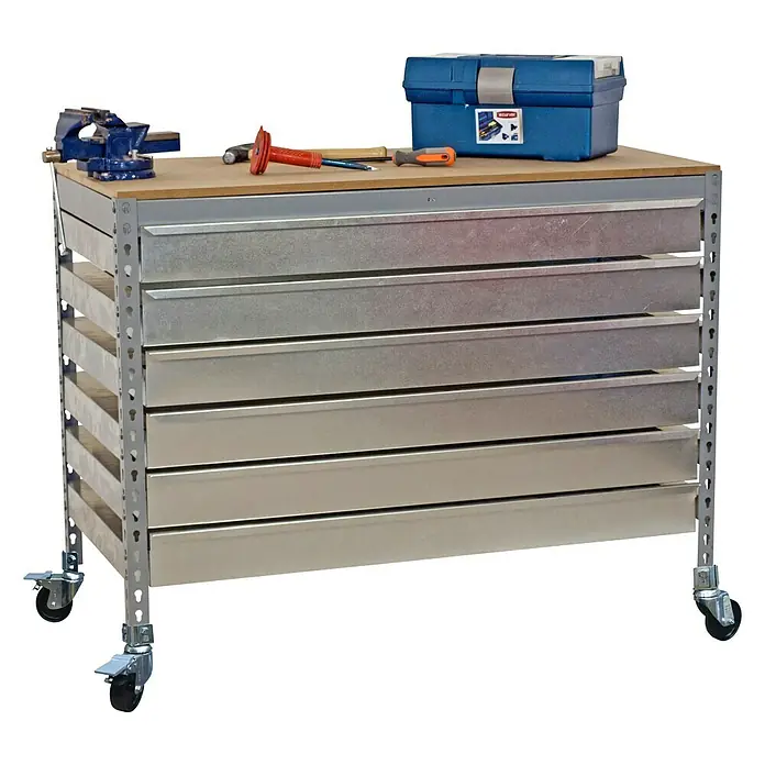 Simonrack Simonwork Banco de trabajo BT5 Box Mobile - L x An: 61 x 91 cm, Altura de trabajo: 95,7 cm, Carga soportada: 280 kg, Gris - Banco de trabajo con cajones y herramientas, ideal para aficionados y profesionales. Práctico y robusto para cualquier taller.