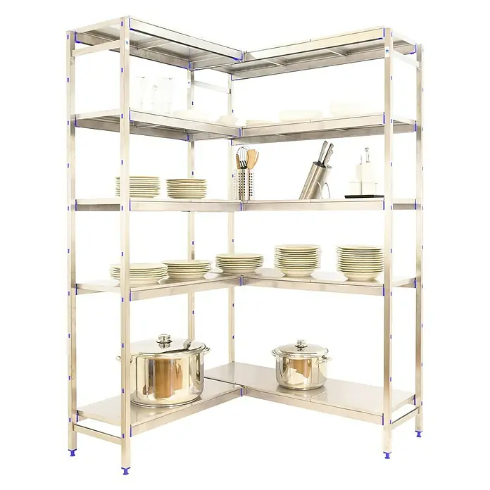 Simonrack Simoninox Abschlussregal - H x B x T: 200 x 176 x 50 cm, Traglast pro Boden: 200 kg, Anzahl Böden: 5 Stk., Stecken, Material Boden: Metall - Silbernes Eckregal für die Küche mit Töpfen, Tellern und Küchenutensilien. Das Regal bietet viel Stauraum und ist ideal für Gastronomiebetriebe.