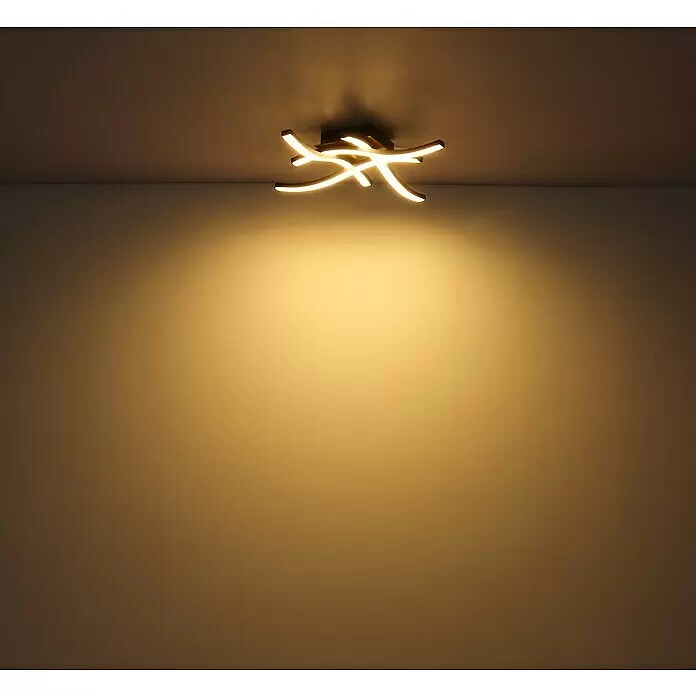 Globo Plafón LED Evita - 12 W, L x An x Al: 51 x 13 x 7,5 cm, Negro, Blanco cálido - Moderna lámpara de techo LED abstracta con luz cálida, montada en el techo iluminando una pared.