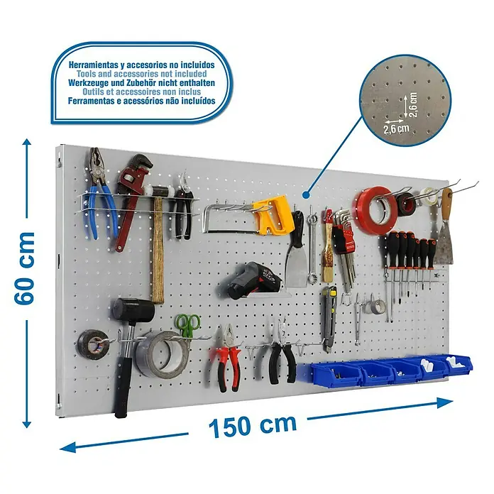 Simonrack Panelclick Panel perforado con 22 ganchos y 8 accesorios - L x An: 150 x 60 cm, Galvanizado - Tablero perforado con dimensiones (60 cm x 150 cm) y detalle de la separación de los agujeros (2,6 cm). Herramientas no incluidas.