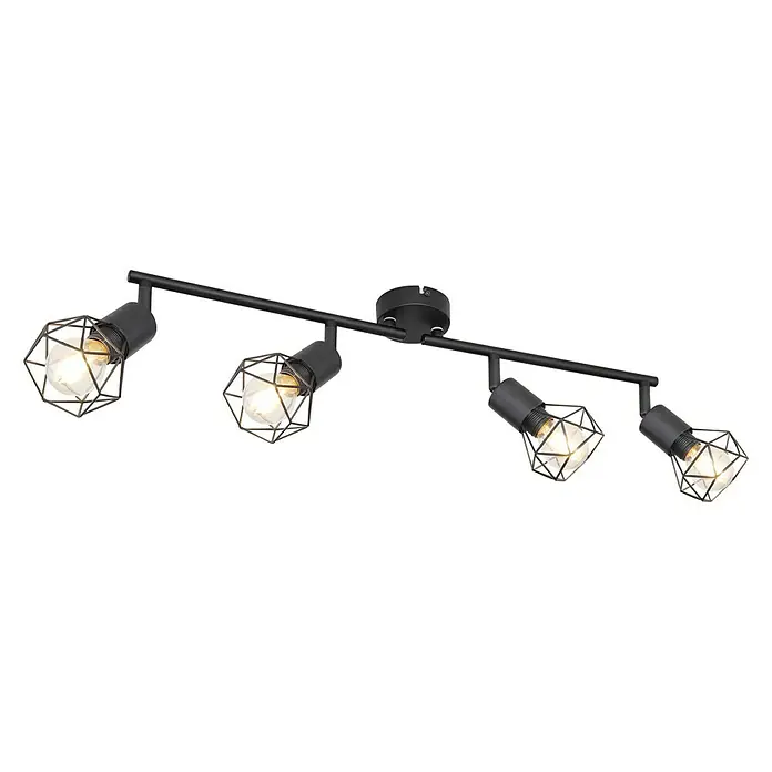 Globo Xara I Deckenstrahler - 40 W, B x H: 8 x 19,5 cm, E14, 4 Stk. - Deckenleuchte mit vier Strahlern in schwarzem Metall-Gitter-Design, ideal für moderne Wohnräume und zur gezielten Ausleuchtung.
