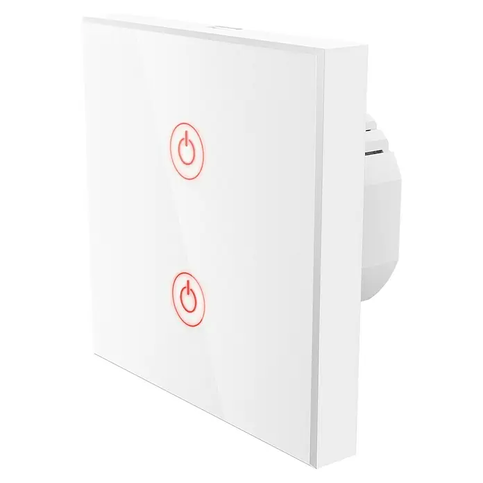 Hama Funk-Lichtschalter WiFi-Touch-WandschalterWeiß, Unterputz - Nahaufnahme eines weißen Doppel-Wandschalters mit roten Touch-Power-Symbolen.