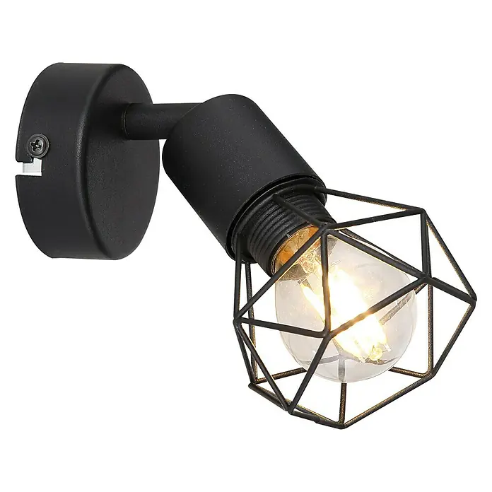 Globo Xara I Regleta - 40 W, An x Al: 8 x 13,5 cm, Negro, E14, 1 ud. - Aplique negro con bombilla Edison detrás de una jaula de alambre geométrica.