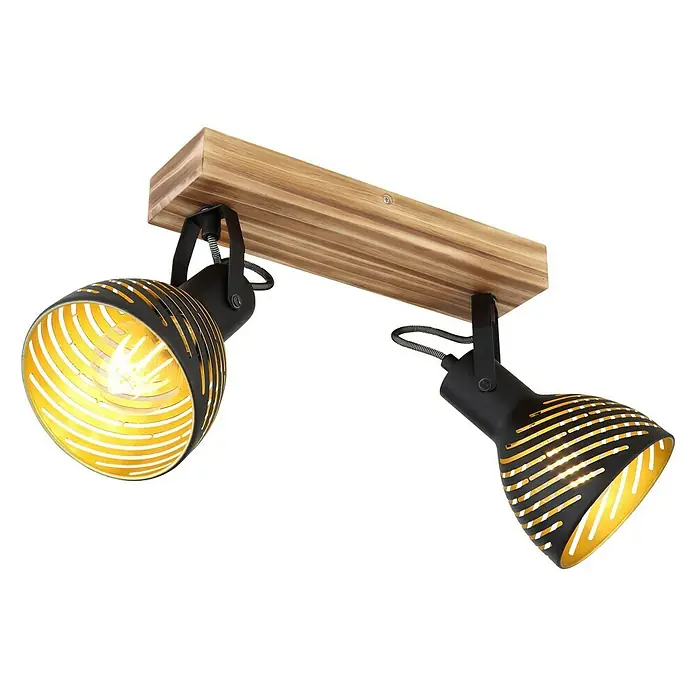 Globo Deckenstrahler LENNA - 40 W, L x B x H: 30 x 12,5 x 25 cm, E27, 2 Stk. - Attraktive Deckenleuchte mit zwei Strahlern. Die Leuchte kombiniert Holz und Metall in Schwarz und Gold für einen modernen Look.