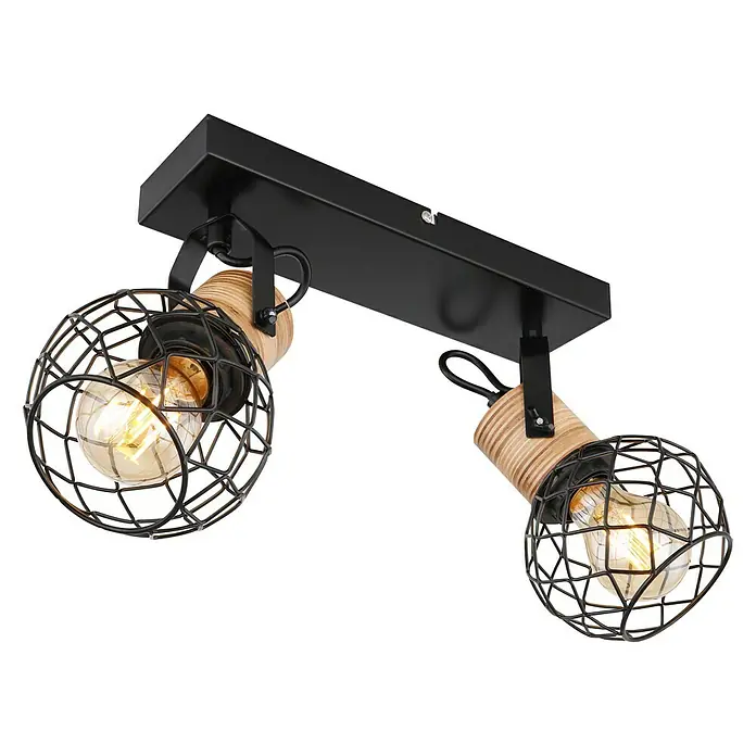 Globo Deckenstrahler LACKY - 60 W, L x B x H: 29 x 12 x 20 cm, Braun, E27, 2 Stk. - Moderne Deckenleuchte mit zwei schwarzen Käfiglampen und Holzelementen, ideal für stilvolle Innenräume. Die Leuchte sorgt für ein angenehmes Licht.