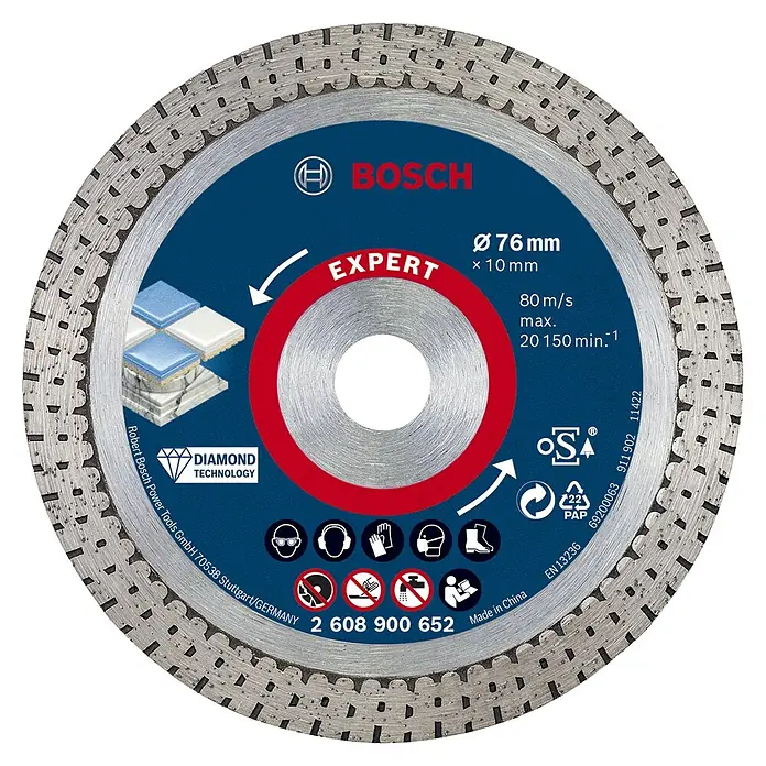 Bosch Expert Diamant-Trennscheibe Hard Ceramic - Geeignet für: Fliesen, Durchmesser Scheibe: 76 mm, 1 Stk. - Bild einer Bosch Expert Diamanttrennscheibe mit 76 mm Durchmesser und dazugehörigen Spezifikationen und Sicherheitshinweisen.