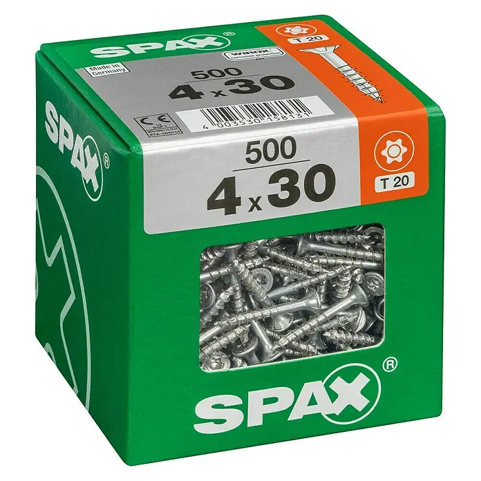 Spax Universalschraube T-Star plusØ x L: 4 x 30 mm, WIROX Oberfläche, T-Star plus, 500 Stk. - Eine grüne Spax-Schrauben-Box mit 500 Senkkopfschrauben 4x30, ideal für Holzverbindungen. Auf der Packung ist auch ein T20 Schraubenbit abgebildet.