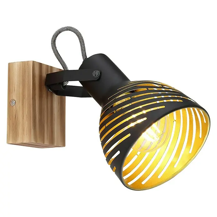 Globo Deckenstrahler LENNA - 40 W, E27, 1 Stk. - Elegante Wandleuchte in Schwarz und Gold mit Holzsockel. Die Lampe spendet warmes Licht und ist ein echter Hingucker.