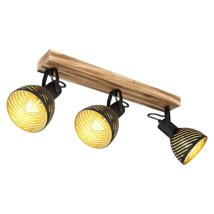 Globo Deckenstrahler LENNA - 40 W, L x B x H: 54 x 12,5 x 25 cm, E27, 3 Stk. - Strahler mit drei Leuchten aus Holz und Metall in Schwarz und Gold für eine stimmungsvolle Beleuchtung.