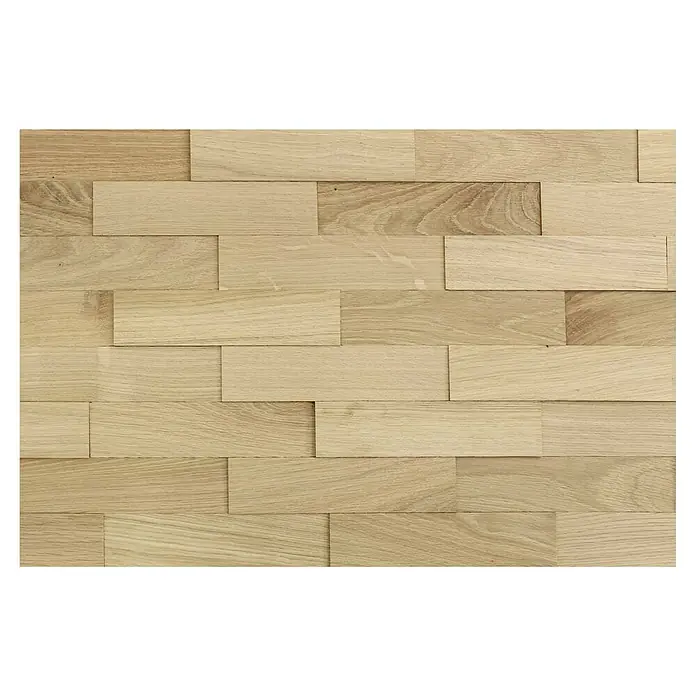 Wodewa Holzriemchen 200 Eiche Natur - 100 Stk., L x B: 200 x 50 mm, 2 mm - 6 mm, Max. Anwendungsfläche: 1 m², Strukturiert unbehandelt - Nahaufnahme einer Wandverkleidung aus hellbraunem Holz mit versetzten, rechteckigen Elementen und einer schwarzen Umrandung.