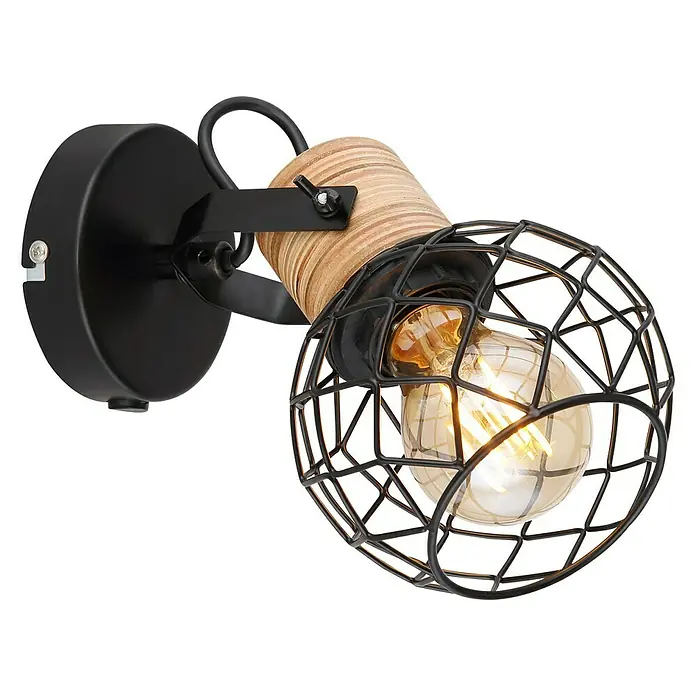 Globo Deckenstrahler LACKY - 60 W, Schwarz, E27, 1 Stk. - Nahaufnahme einer schwarzen Wandlampe mit Holzakzent und einem Lampenschirm im Käfigdesign mit einer Glühbirne im Inneren.