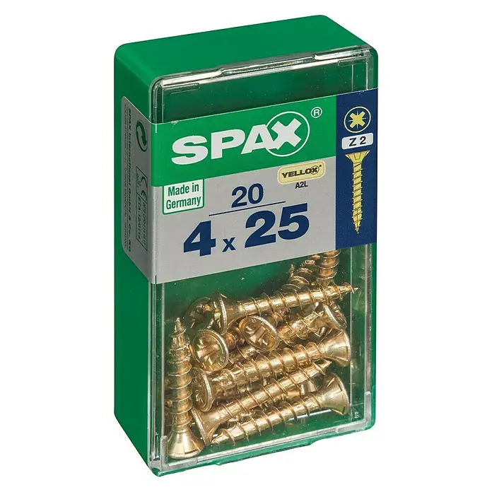 Spax Universalschraube - 4 x 25 mm, Vollgewinde, 20 Stk. - Eine Schachtel Spax Schrauben, Größe 4 x 25 mm, ideal für Holzverbindungen und Heimwerkerprojekte. Made in Germany.