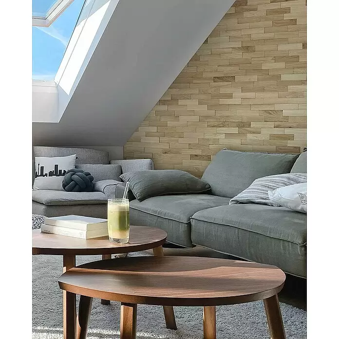 Wodewa Holzriemchen 200 Eiche Natur - 100 Stk., L x B: 200 x 50 mm, 2 mm - 6 mm, Max. Anwendungsfläche: 1 m², Strukturiert unbehandelt - Stimmungsaufnahme