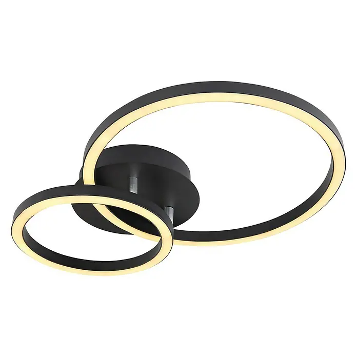 Globo Plafón LED Reggy - 18 W, L x An x Al: 42 x 300 x 75 cm, Negro, Blanco cálido - Una lámpara de techo LED negra y moderna con dos anillos entrelazados que emiten un brillo cálido y acogedor.