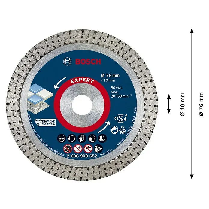 Bosch Expert Diamant-Trennscheibe Hard Ceramic - Geeignet für: Fliesen, Durchmesser Scheibe: 76 mm, 1 Stk. - Abbildung einer Bosch EXPERT Diamanttrennscheibe mit einem Durchmesser von 76 mm, ideal für präzise Schnitte.