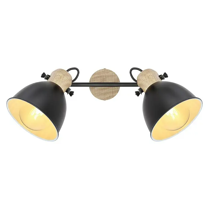 Globo Wandstrahler WIHO - 40 W, L x B x H: 35 x 15 x 21,5 cm, Schwarz, E27, 2 Stk. - Elegante Wandleuchte mit zwei Spots, perfekt für stilvolle Beleuchtung in jedem Raum. Das Design kombiniert Holz und Schwarz für einen modernen Look.