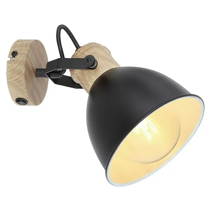Globo Wandstrahler WIHO - 40 W, Schwarz, E27, 1 Stk. - Nahaufnahme einer modernen Wandleuchte mit Holzdetails und schwarzem Lampenschirm, die ein warmes Licht ausstrahlt.