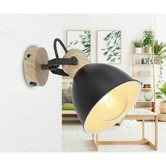 Globo Wandstrahler WIHO - 40 W, Schwarz, E27, 1 Stk. - Wandleuchte aus Holz und Metall in Schwarz und Natur, mit warmem Licht. Stilvolles Design für ein gemütliches Zuhause.