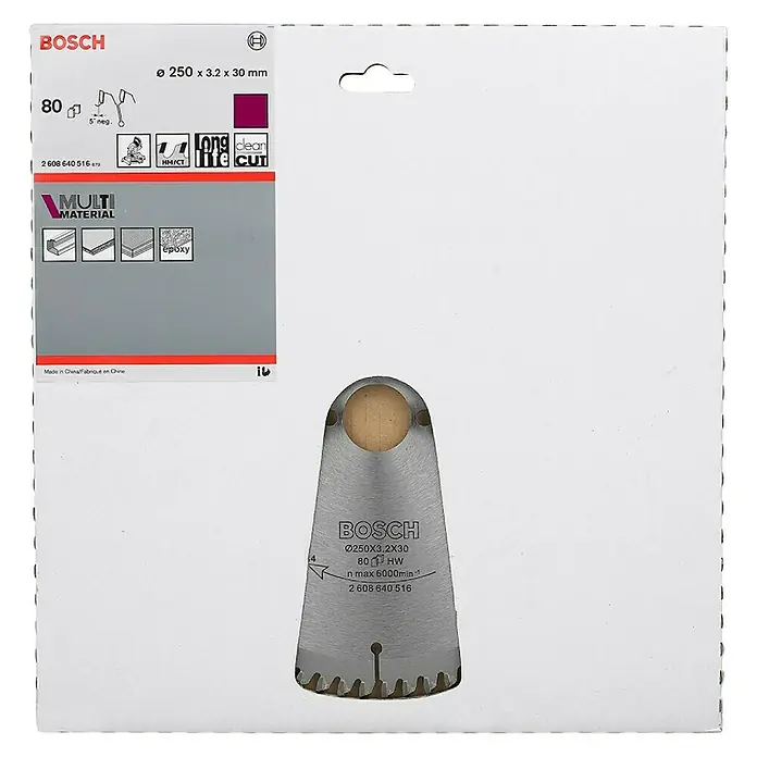 Bosch Disco de sierra Multimaterial - 250 mm, Orificio: 30 mm, Número de dientes: 80 ud. - Imagen de un paquete de hoja de sierra circular Bosch, con la hoja.
