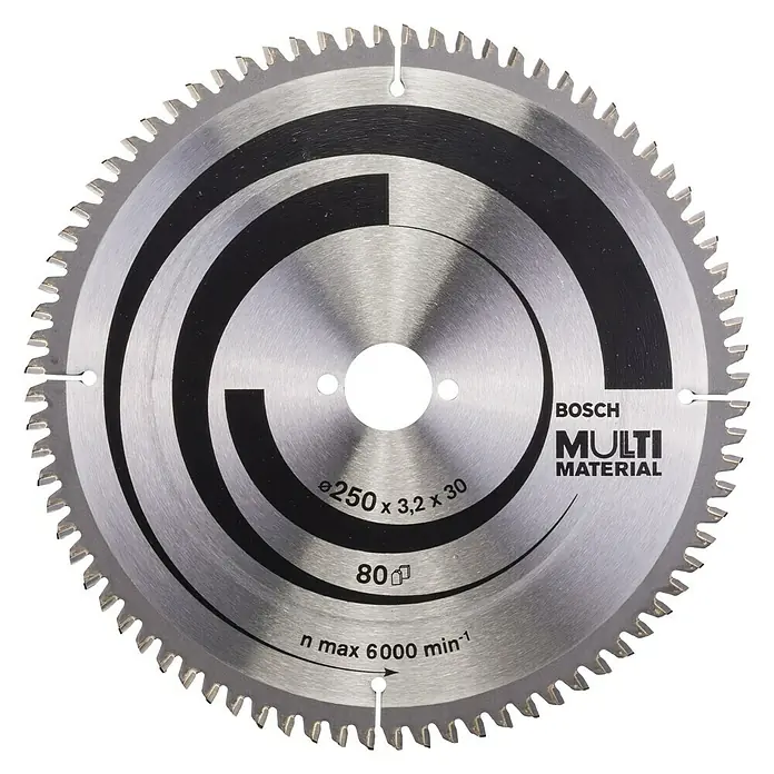Bosch Disco de sierra Multimaterial - 250 mm, Orificio: 30 mm, Número de dientes: 80 ud. - La imagen muestra un disco de sierra Bosch Multi Material con 80 dientes, ideal para diversas aplicaciones. Diámetro: 250 mm.