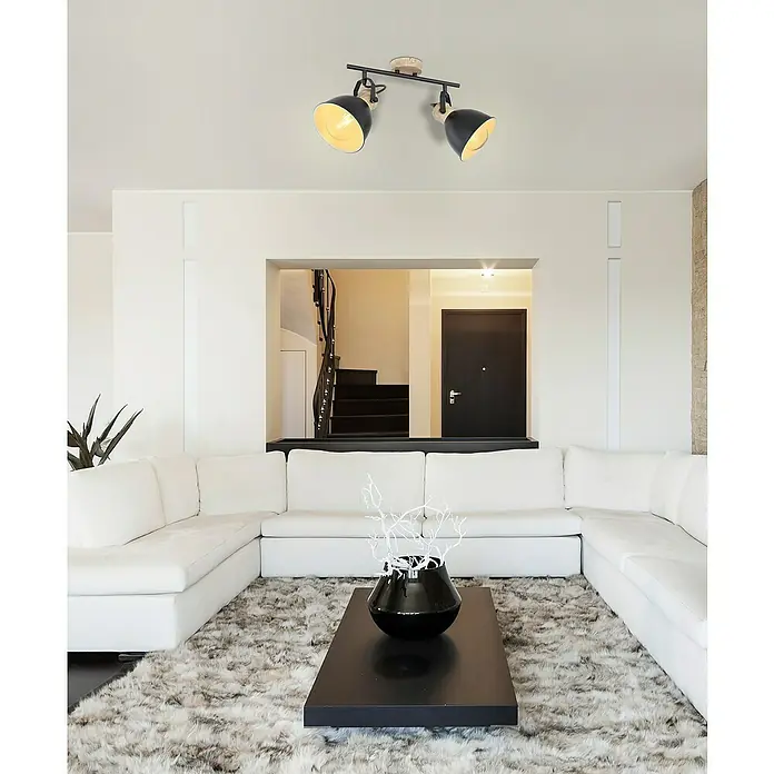 Globo Wandstrahler WIHO - 40 W, L x B x H: 35 x 15 x 21,5 cm, Schwarz, E27, 2 Stk. - Moderne Deckenleuchte mit zwei schwarzen Strahlern und Holzdetails für eine stilvolle Beleuchtung im Wohnraum.