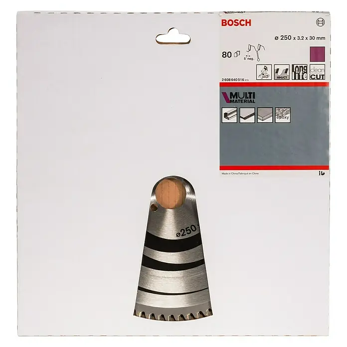 Bosch Disco de sierra Multimaterial - 250 mm, Orificio: 30 mm, Número de dientes: 80 ud. - Hoja de sierra circular Bosch Multi Material, diámetro 250 mm, para cortes limpios en varios materiales.