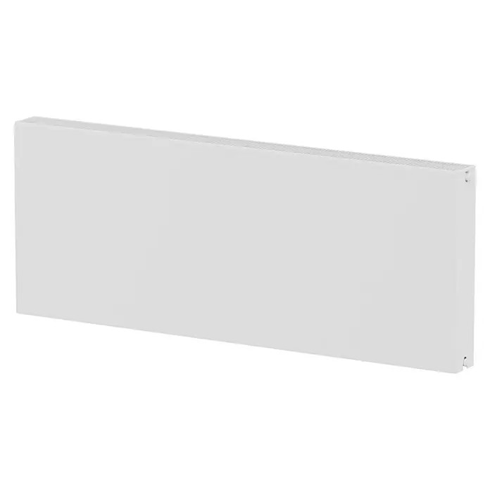 E.C.A. Planheizkörper - B x H: 1.400 x 550 mm, 2.183 W, 22 - Ein weißer Heizkörper ist vor einem schwarzen Hintergrund zu sehen. Das Heizpaneel ist schlicht und rechteckig.