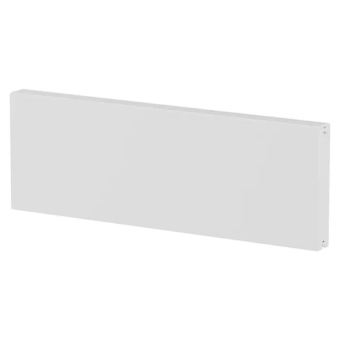 E.C.A. Planheizkörper - B x H: 1.600 x 550 mm, 2.494 W, 22 - Nahaufnahme eines weißen Heizkörpers mit Rippen an der Oberseite, der an einer dunklen Wand montiert ist und für Wärme sorgt.