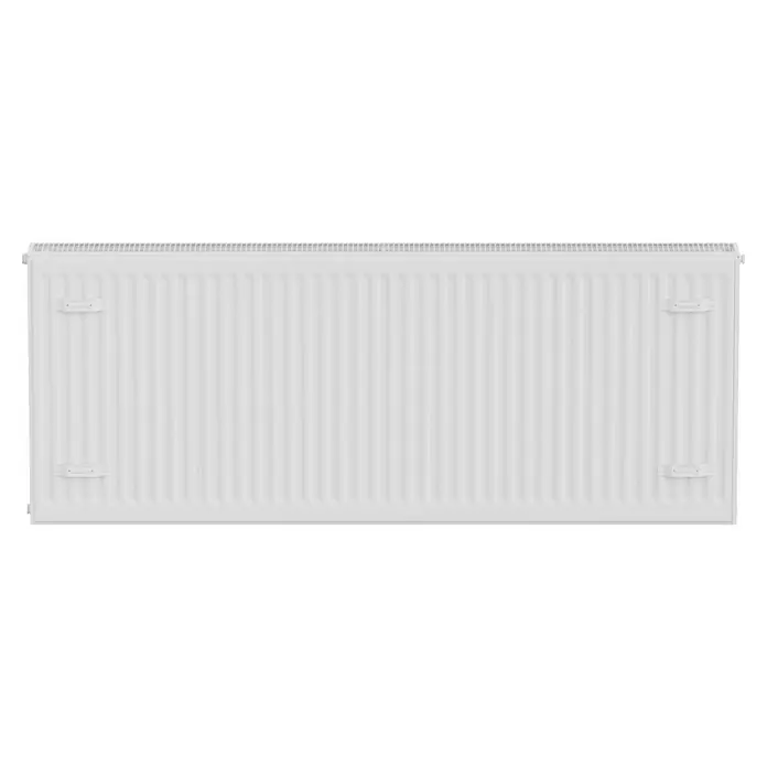 E.C.A. Planheizkörper - B x H: 1.400 x 550 mm, 2.183 W, 22 - Nahaufnahme eines Heizkörpers mit gerippter Oberfläche, der eine effiziente Wärmeabgabe im Raum ermöglicht und für Komfort sorgt.