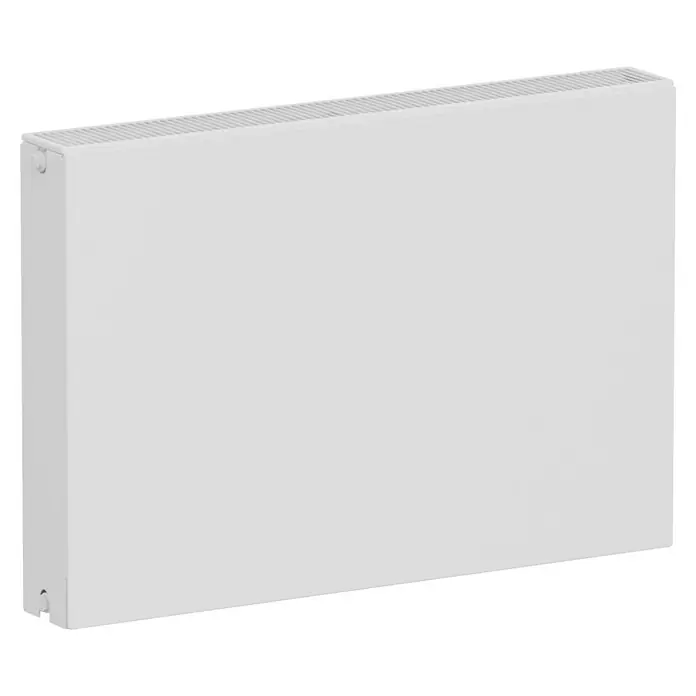 E.C.A. Planheizkörper - B x H: 800 x 550 mm, 1.247 W, 22 - Das Bild zeigt einen modernen, weißen Heizkörper mit einem geradlinigen Design und horizontalen Lamellen auf der Oberseite.