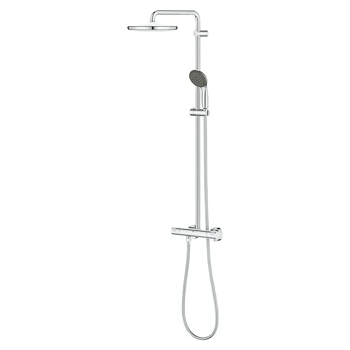 Grohe Vitalio Start Duschsystem 250 - Mit Thermostatarmatur, Lochabstand: 101,6 cm, Anzahl Strahlarten: 2 Stk., Chrom - Diese Abbildung zeigt eine moderne Duschgarnitur mit Kopf- und Handbrause in glänzendem Chrom, die das Duscherlebnis stilvoll aufwertet.