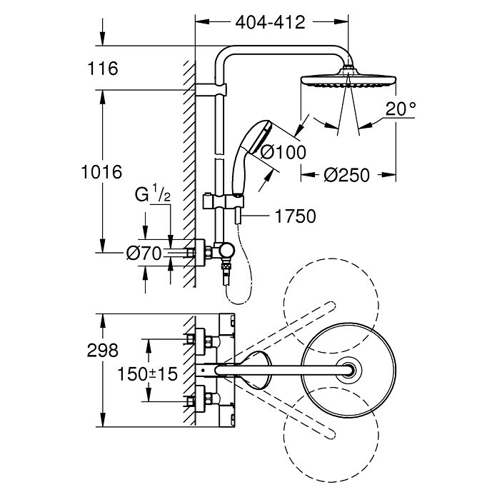 Grohe Vitalio Start Duschsystem 250Mit Thermostatarmatur, Lochabstand: 101,6 cm, Anzahl Strahlarten: 2 Stk., Chrom Sketch