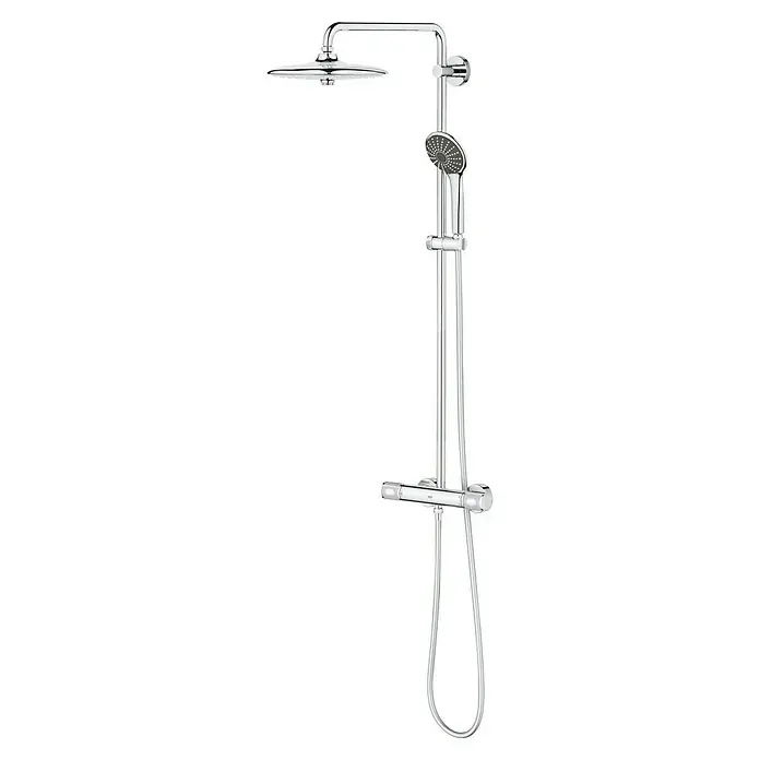 Grohe Vitalio Joy Duschsystem 260 - Mit Thermostatarmatur, Lochabstand: 100,5 cm, Anzahl Strahlarten: 3 Stk., Chrom - Produktbild einer Grohe Duscharmatur mit Kopf- und Handbrause in Chromoptik vor schwarzem Hintergrund.