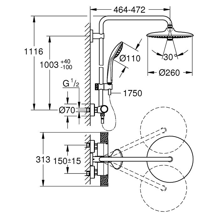 Grohe Vitalio Joy Duschsystem 260Mit Thermostatarmatur, Lochabstand: 100,5 cm, Anzahl Strahlarten: 3 Stk., Chrom Sketch