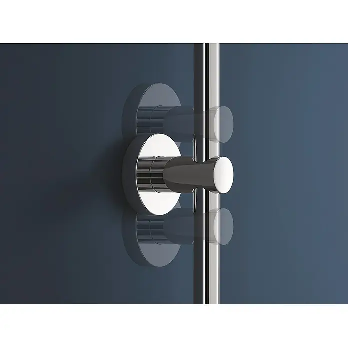 Grohe Vitalio Joy Duschsystem 260 - Mit Thermostatarmatur, Lochabstand: 100,5 cm, Anzahl Strahlarten: 3 Stk., Chrom - Ein glänzender, verchromter Duscharmatur mit einer runden Basis, die an einer blaugrauen Wand befestigt ist.