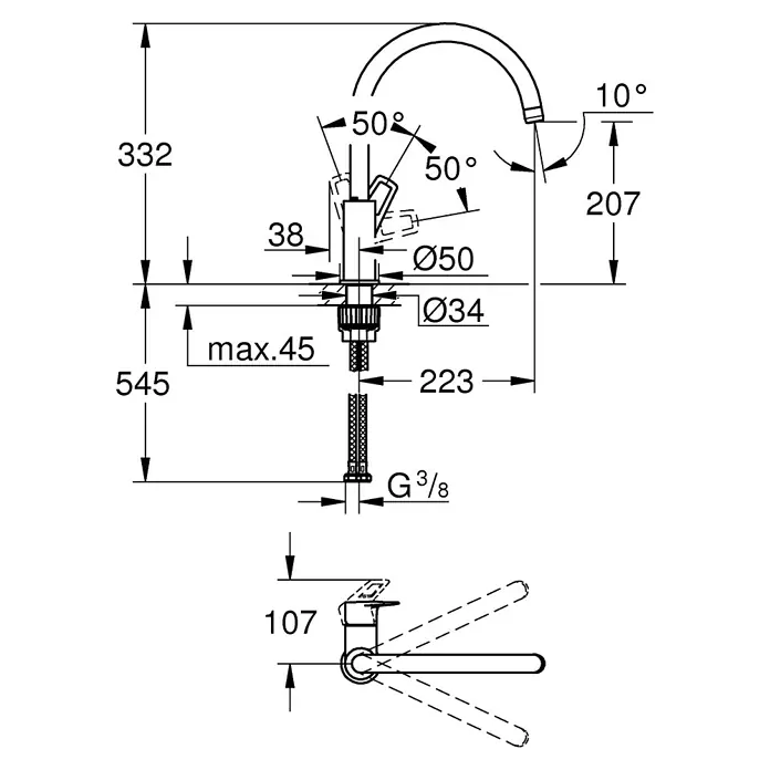 Grohe Start Loop Spültischarmatur - Chrom, Glänzend - Technische Zeichnung einer Armatur mit Maßen und Winkeln, inklusive der Höhe, Durchmesser und des Ausladung.