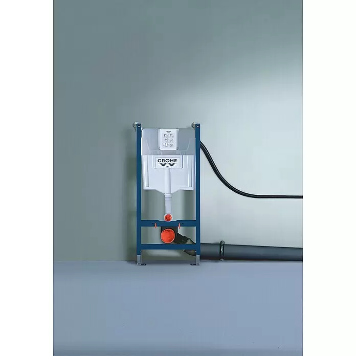 Grohe WC-Vorwandelement Solido - 2-Mengen-Spülung, 13 x 50 x 113,5 cm - Grohe Unterputz-Spülkastenrahmen mit weißem Behälter, blauem Rahmen, orange/schwarzen Anschlüssen und Rohren.