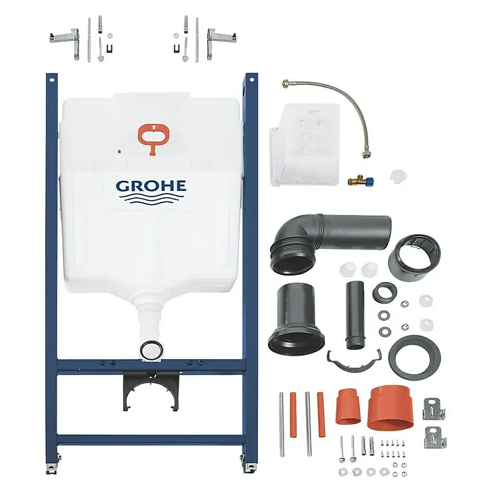 Grohe WC-Vorwandelement Solido - 2-Mengen-Spülung, 13 x 50 x 113,5 cm - Foto eines GROHE-Installationselements für WCs, bestehend aus einem Rahmen, einem Spülkasten und verschiedenen Installationskomponenten.
