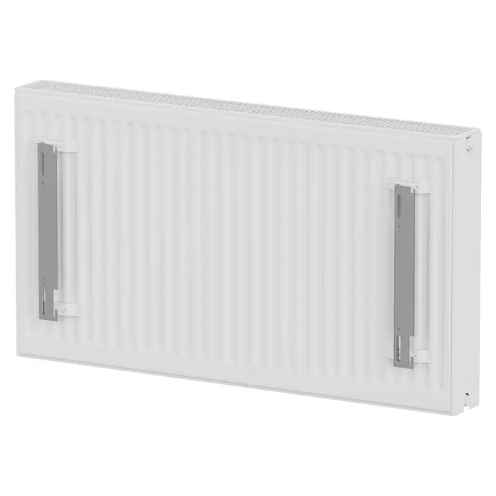 E.C.A. Planheizkörper - B x H: 1.000 x 550 mm, 1.559 W, 22 - Weiße Heizung mit zwei grauen Halterungen zur Wandmontage. Das Heizgerät ist rechteckig und hat viele Lamellen.