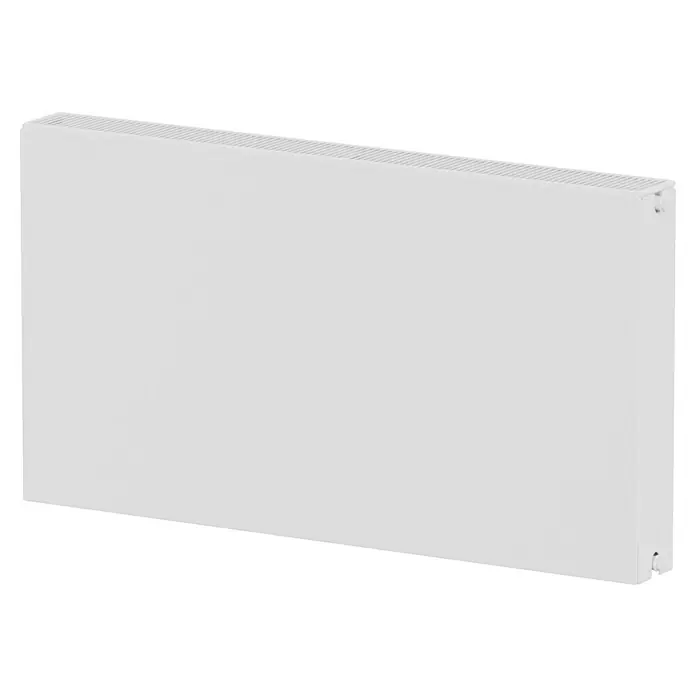 E.C.A. Planheizkörper - B x H: 1.000 x 550 mm, 1.559 W, 22 - Nahaufnahme eines weißen Heizkörpers, der Wärme und Komfort in Wohnräumen bietet. Das Design ist schlicht und modern.