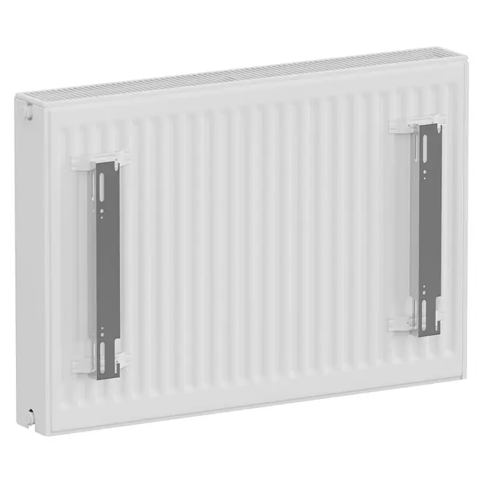 E.C.A. Planheizkörper - B x H: 800 x 550 mm, 1.247 W, 22 - Eine Nahaufnahme eines weißen Heizkörpers mit grauen Halterungen, der an einer Wand befestigt ist. Das Design ist modern und funktional.