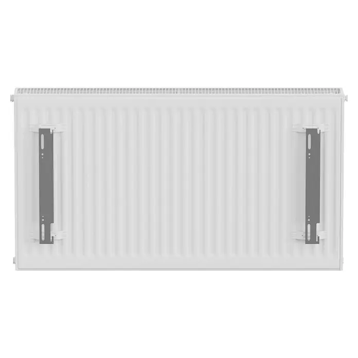 E.C.A. Planheizkörper - B x H: 1.000 x 550 mm, 1.559 W, 22 - Nahaufnahme eines weißen Heizkörpers mit grauem Montagebügel, der ein modernes Design und effiziente Wärme für jeden Raum bietet.