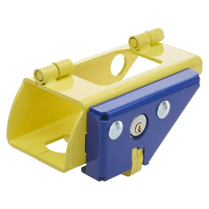 Mottez Dispositivo antirrobo - Específico para: Remolques, Acero, Amarillo/Azul - Candado de enganche de remolque amarillo y azul para mayor seguridad. Con cerradura antirrobo.