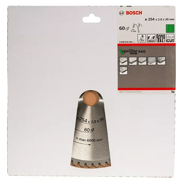 Bosch Disco de sierra Optiline Wood - 254 mm, Orificio: 30 mm, Número de dientes: 60 ud., 1 ud. - Imagen de un disco de sierra para madera Bosch Optiline K&G de 254 mm, 60 dientes y una velocidad máxima de 6000 rpm.