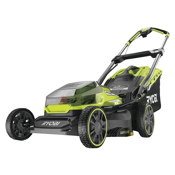 Ryobi ONE+ Akku-Rasenmäher RY18LMX40A-240 - 18 V, 2 Akkus, 4 Ah, Schnittbreite: 40 cm - Ein Ryobi Akku-Rasenmäher mit einem grünen und schwarzen Design vor einem schwarzen Hintergrund.