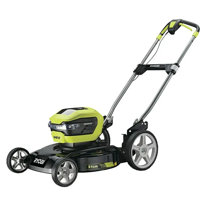 Ryobi Akku-Rasenmäher RY36LmmX51A-140 - 36 V, 1 Akku, 4 Ah, Schnittbreite: 51 cm - Abbildung eines Ryobi 36V Akku-Rasenmähers mit bürstenlosem Motor und 51 cm Schnittbreite für effizientes Rasenmähen.