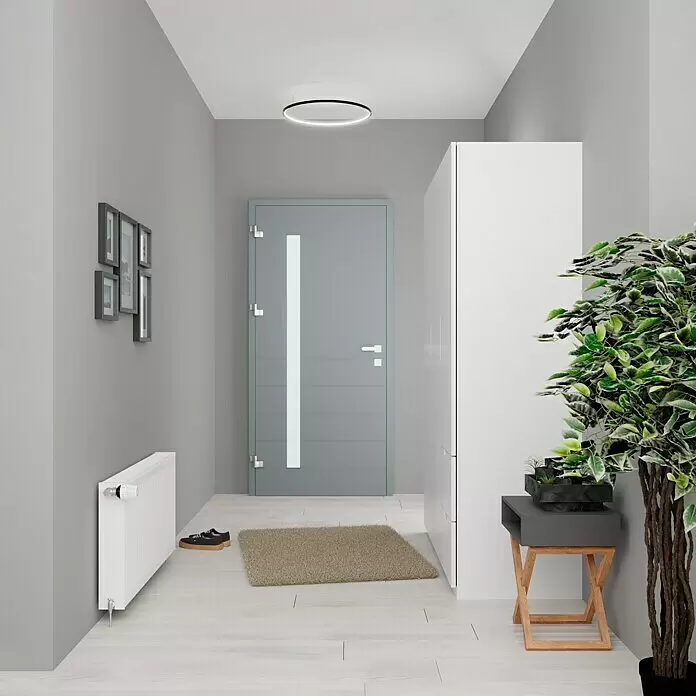 Kompaktheizkörper - B x H: 1.000 x 900 mm, Wärmeleistung bei Vorlauftemperatur von 75 °C (D: 50): 2.470 W, Typ Heizkörper: 22 - Moderner grauer Flur mit eleganter Tür, weißem Schrank und grüner Pflanze.